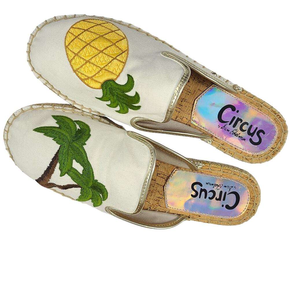 SAM EDELMAN CIrcus Leanne Textile Canvas Pineapple Palmtree Mule Slides Size 8.5